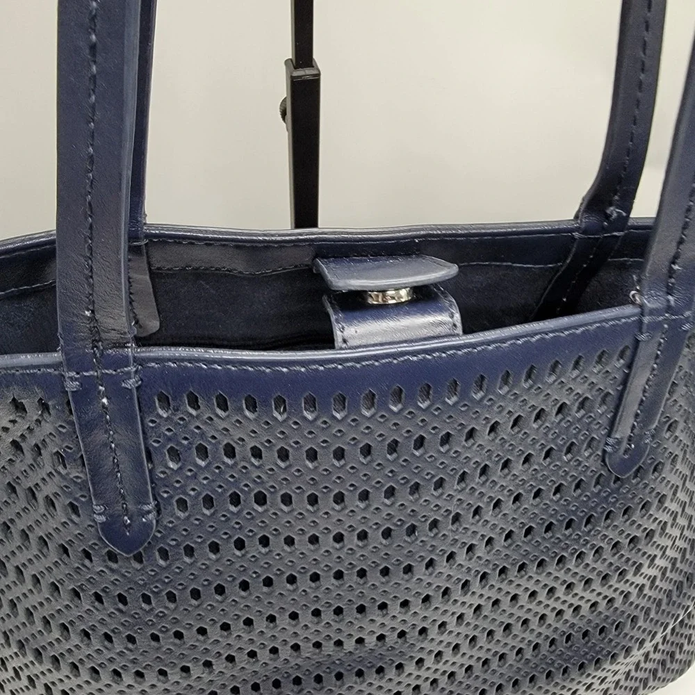 Brooks Brothers Navy Perforated Laser Cut Leather Tote Shoulder Purse Bag